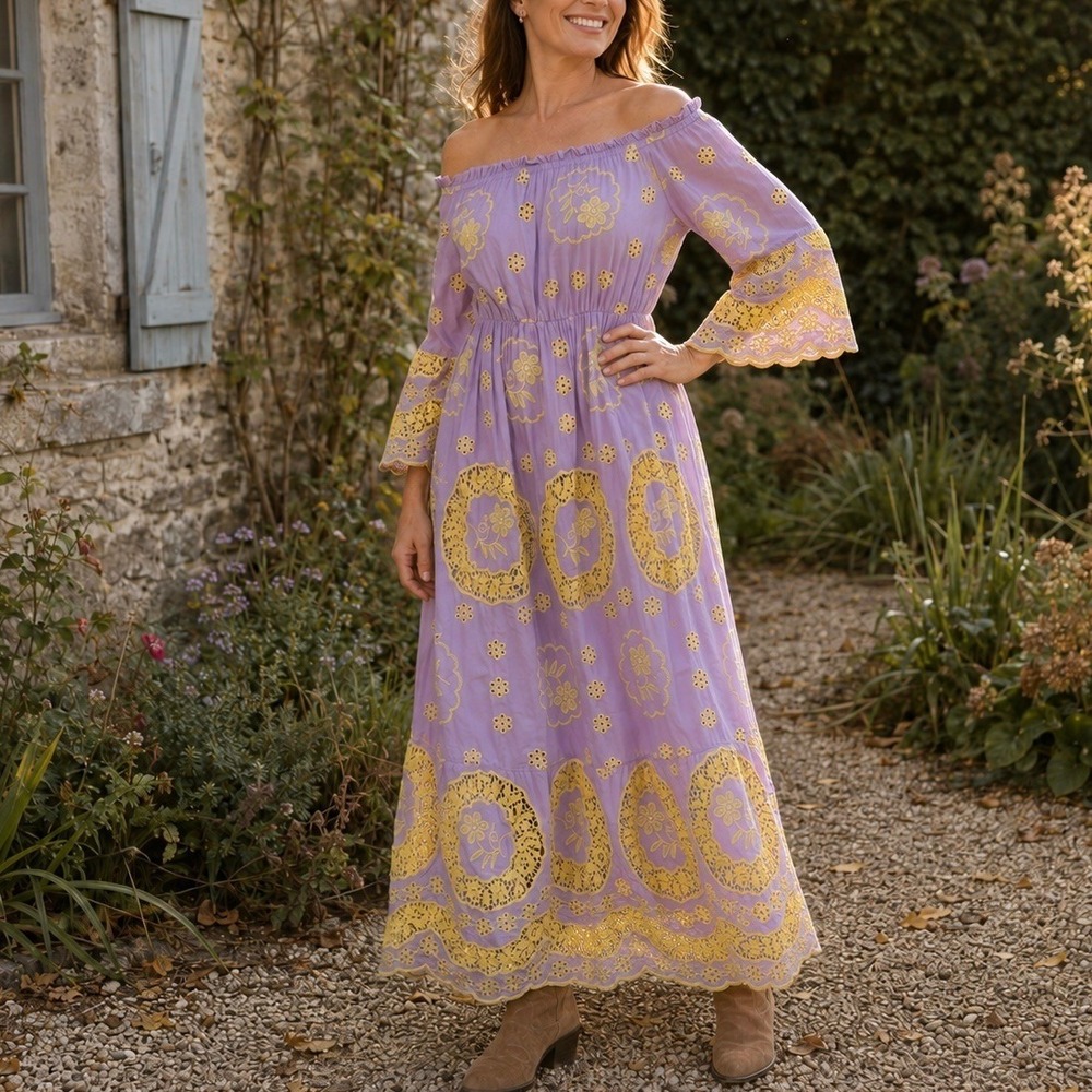 ADDCONFDT Size S/M Maxi Dress Purple Yellow Eyelet Embroidery Boho Off Shoulder
